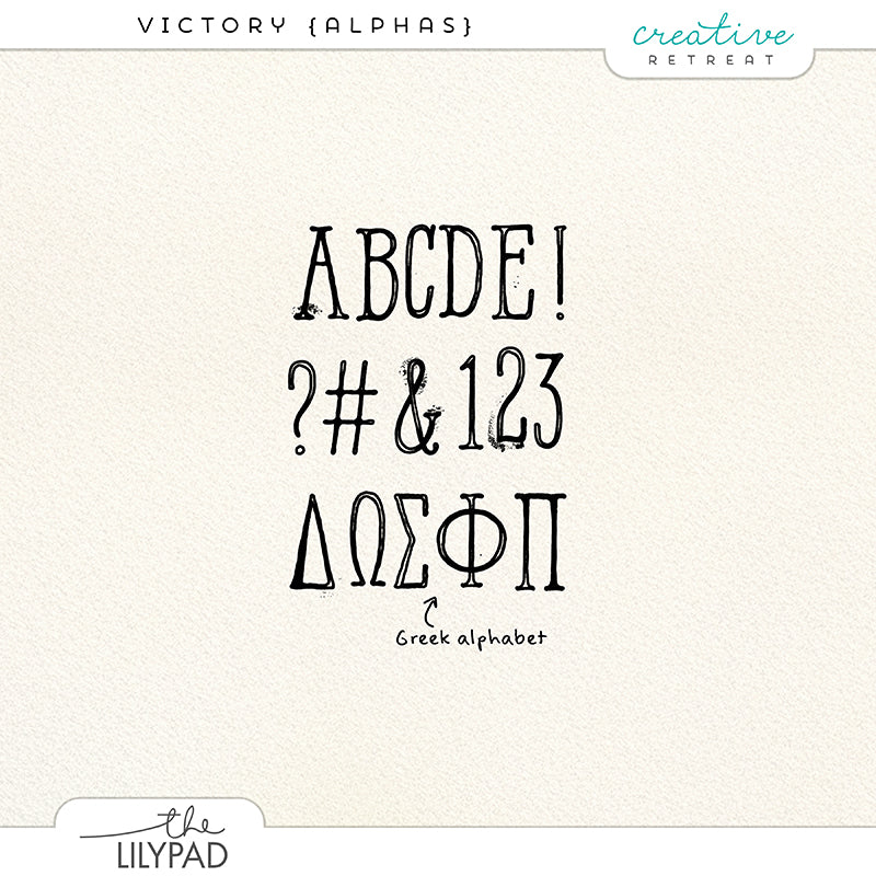 Stamped digital alphabet with uppercase letters, numbers, punctuation, and Greek characters. Perfect for Bible journaling, scripture study, and faith-based digital scrapbooking.