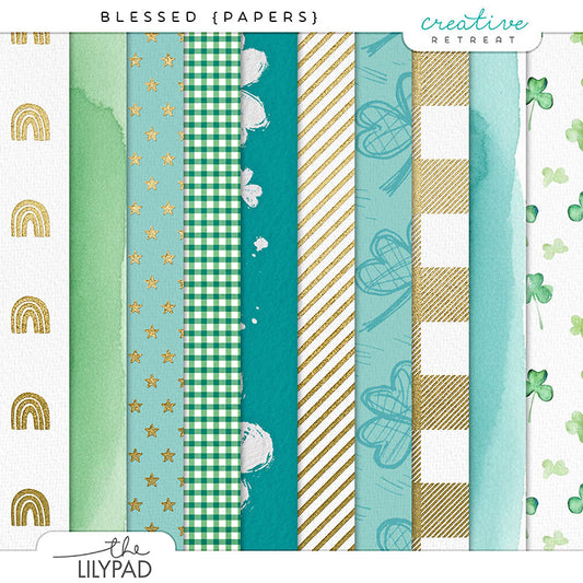 Collection of patterned digital scrapbooking papers with green, gold, and white designs on a white background.