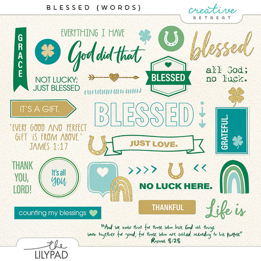 Collection of 'blessed' related phrases and graphics with decorative elements for digital Bible journaling and digital scrapbooking.