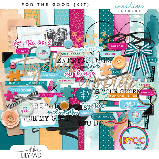 Colorful digital scrapbooking kit with puzzle theme and romans 8:28 with text and decorative elements 