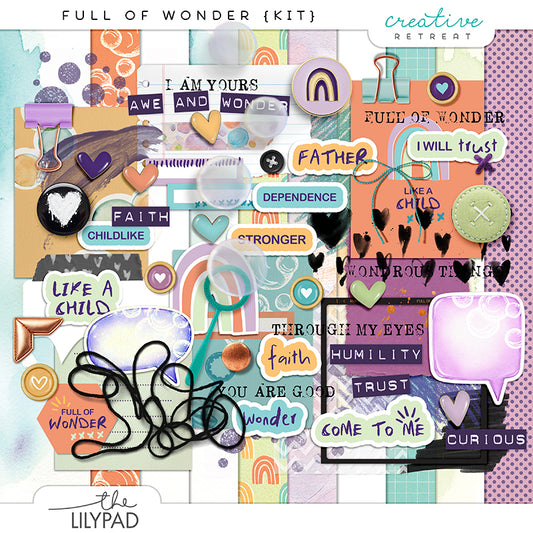 Preview of digital scrapbooking kit featuring faith-based word art, watercolor textures, pastel and neutral patterned papers, hearts, rainbows, clips, stitches, and layered mixed-media embellishments inspired by childlike faith and trust.