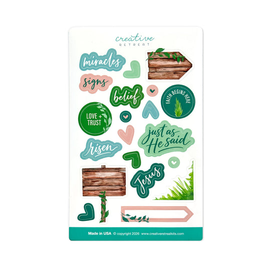 Christian decorative stickers with phrases about Easter and Spring featuring teal, green, blush, and wood designs.