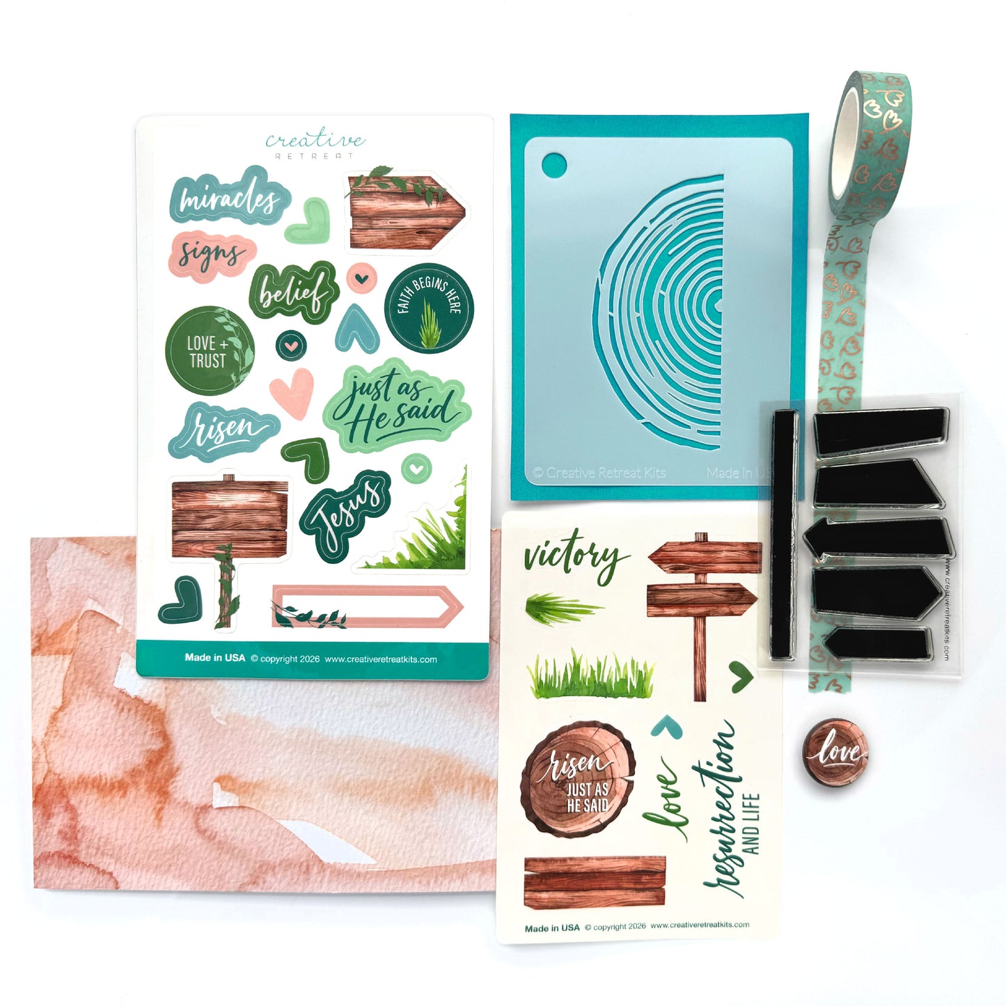 Christian journaling craft kit inspired by Easter and Spring featuring soft green, blush, and wood elements. Stamps, stencil, and stickers are perfect for Bible journaling and devotional art.