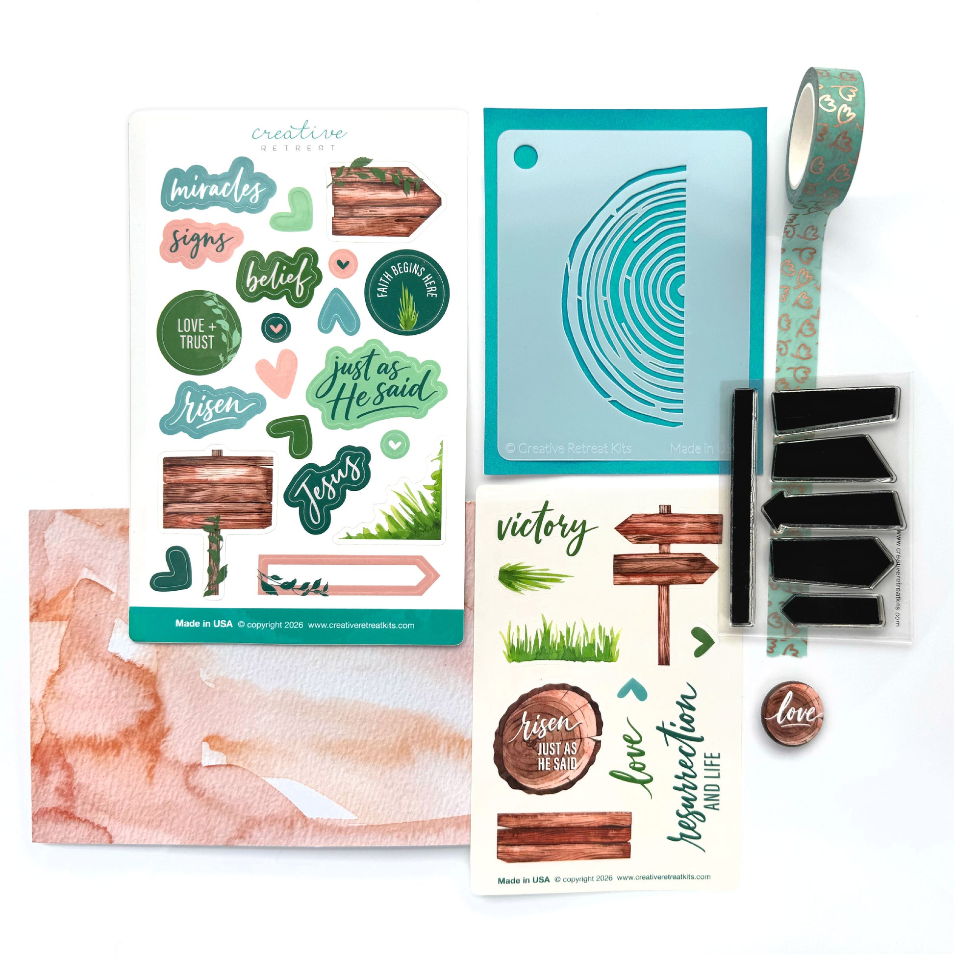 Christian journaling craft kit inspired by Easter and Spring featuring soft green, blush, and wood elements. Stamps, stencil, and stickers are perfect for Bible journaling and devotional art.