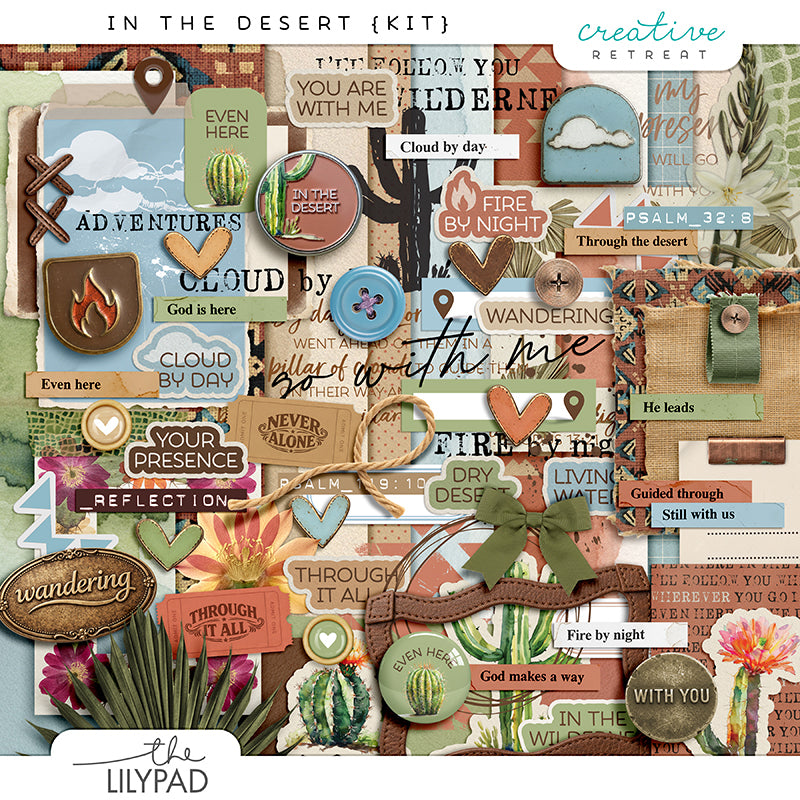 Collection of desert-themed decorative elements with text and nature imagery, featuring the brand 'The Lilypad'.