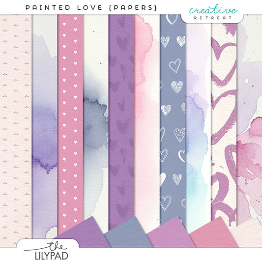 Digital papers featuring hand-painted textures, watercolor washes, playful heart patterns, soft pink and purple tones, neutral backgrounds, and mixed-media scrapbook paper designs.