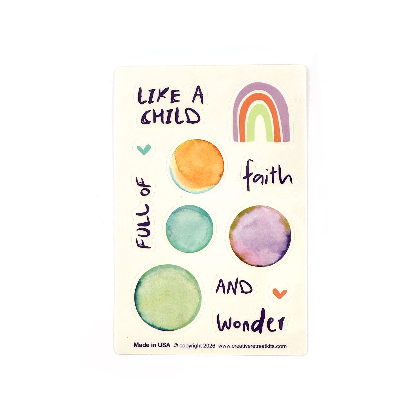 Clear stickers with colorful circles and text about childlike faith and trust for Bible journaling.