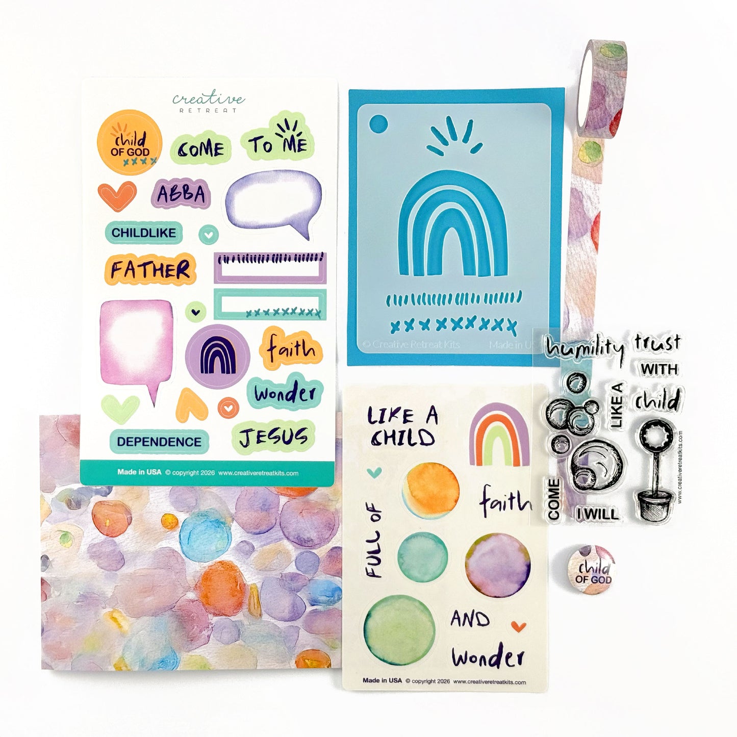 Collection of colorful bubbles stickers, washi tape, stencil, stamp for Bible journaling.