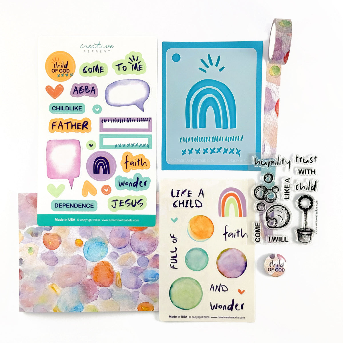 Collection of colorful bubbles stickers, washi tape, stencil, stamp for Bible journaling.