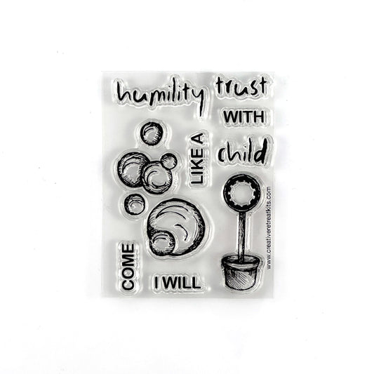 Clear stamp set with motivational phrases and illustrations about childlike faith and trust for Bible journaling 